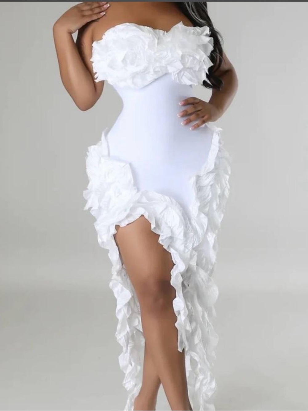 Micas - White Ruffled Strapless Gown